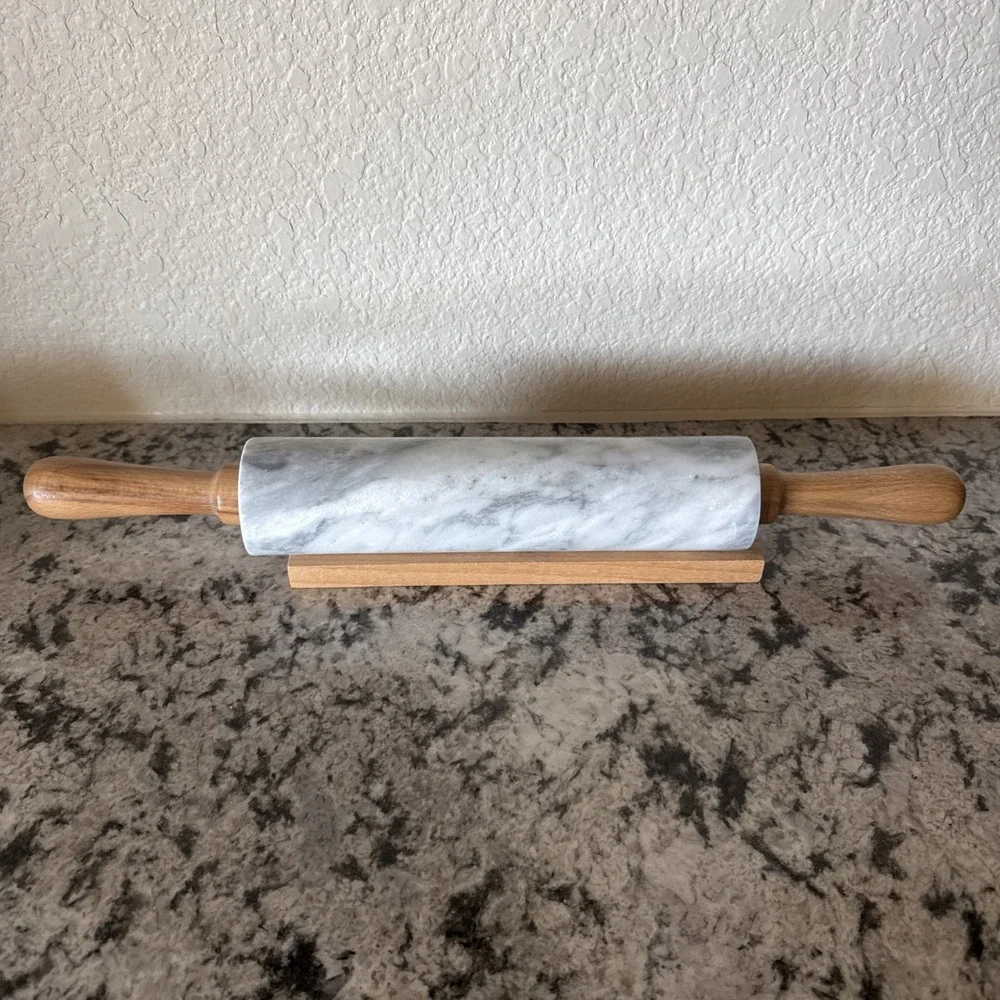 Vtg Marble Rolling Pin White & Gray With Wooden Handles & Base Stand Heavy